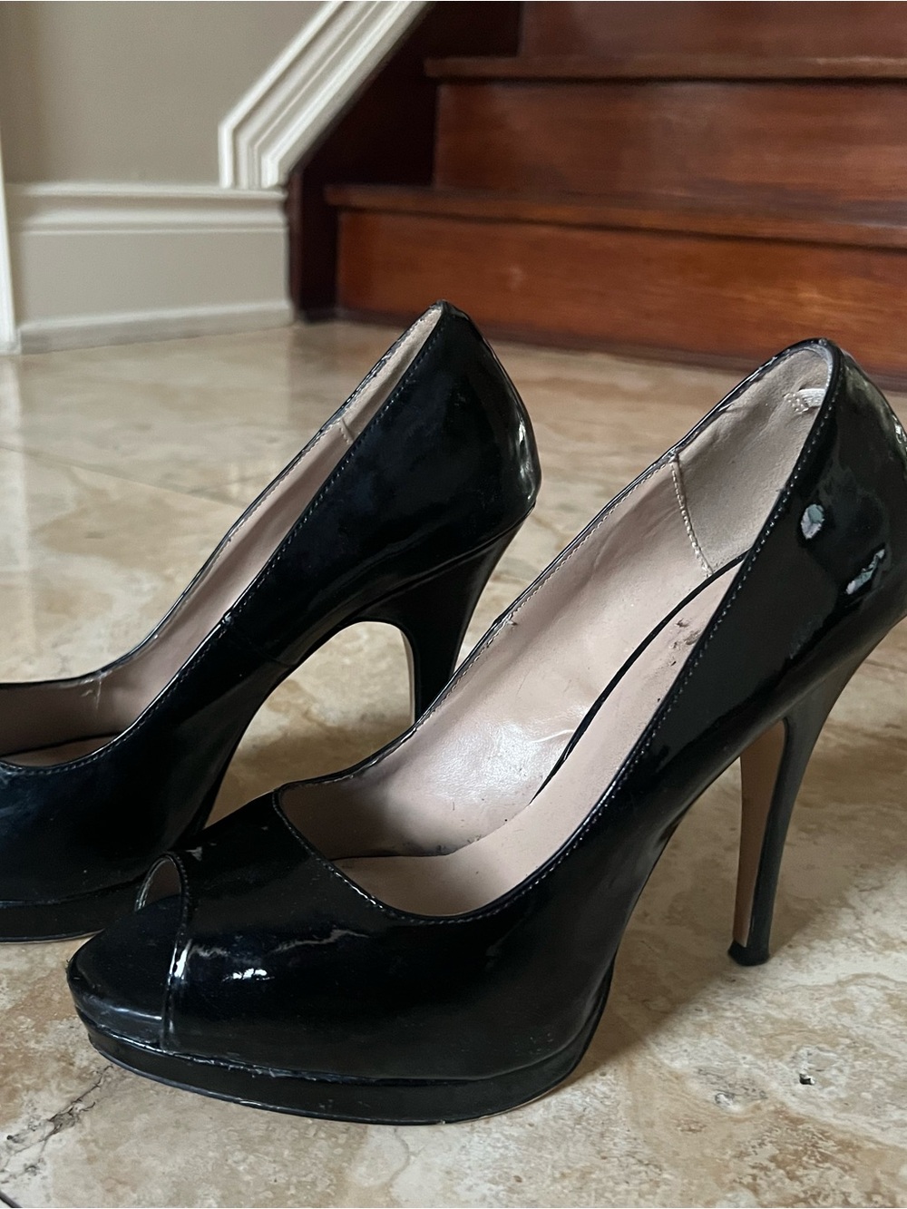 Le Chateau Classic Black Patent Peep-Toe High Heels